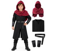Medieval Knight Costume Kids Warrior Renaissance Tunic Halloween Cosplay | 4Pcs Medieval Tunic,Hooded Cloak,Belt,Bracers,Viking Cosplay,Halloween,LARP,Renaissance Fair,Pirate Fancy Dress,Age 5-11Years