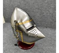 Medieval Knight Helmet with Display Stand - Beaked Visor Close Replica - Hand-Forged Steel Armor with Brass Trim - Wearable Cosplay Helmet for Collectors, LARP, or Home Decor