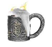 Medieval Knight Tankard - Resin Stainless Steel 450 ml | Gothic Beer Mug | Horn Skull Mug | Stainless Steel Tankard Medieval Rune Skull Stone for Drinking, Theme Party, Collection and Gift