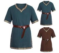 Medieval Knight Viking Tunic Short Sleeve Renaissance Shirt Tops Pirate Costume for Men Aristocrat Chevalier Cosplay Costume Contrast Color Lightweight Navy