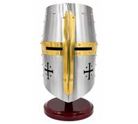 Medieval Knights Templar Crusader Helmet - Polished Steel Armor Replica with Brass Cross & Wood Stand for LARP, Cosplay, Renaissance Fairs, Halloween, historical reenactment