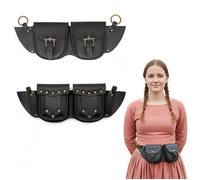 Medieval Leather Belt Pouch - Dual Genuine Pocket Bag (2 - 2.2 mm Thick) with Celtic Brass Buckles & Rings | Double Utility Pouches for LARP, Renaissance Faire, Cosplay, Viking & Fantasy Costumes