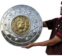 Medieval Lion Shield, 22-Inch Round Combat Shield, Silver and Gold Decorative Armor Shield