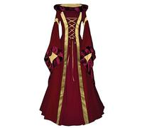 Medieval Long Cosplay Dress Retro Performance Costume with Flared Sleeves for Historical Events (Red, XXL)