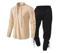 Medieval Men's Suit - 2-Piece Trouser Suit - Medieval Shirt Viking Costume Men's Renaissance Pirate Lace-Up Shirt Fisherman's Shirt Warrior Gothic Stand-Up Collar Cosplay Top Cotton - Pirate Pants