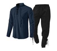 Medieval Men's Suit - Trouser Suit 2-Piece - Medieval Shirt Viking Costume Men's Renaissance Pirate Lace-up Shirt Fisherman Shirt Warrior Gothic Stand-Up Collar Cosplay Top Cotton Pirate Trousers,