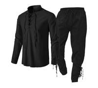 Medieval Men's Suit - Trouser Suit 2-Piece - Medieval Shirt Viking Costume Men's Renaissance Pirate Lace-up Shirt Fisherman Shirt Warrior Gothic Stand-Up Collar Cosplay Top Cotton Pirate Trousers,