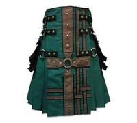 Medieval Modern Utility Kilt, Hunter Green with Brown Leather Accents, Metal Rings and Studs (40 inches / 101 cm)