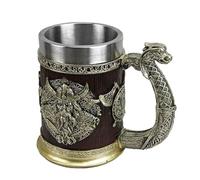 Medieval Mug | Resin Whiskey Beer Tankard 600ml | Stainless Steel Cup | Bronze Dragon Ship Collectible | Wooden Norse Gift Mug for Party, Bar, Decoration, Drinking