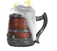 Medieval Mug, Tankard Mug, Simulated Wooden Barrel, Double Walled Stainless Steel Cocktail Cup, 550 ml, with Handles, Beer Accessories for Men, Large Drinking Cups, Bucket Shaped Drinkware