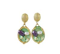 Medieval painted oil painting green pearl stud earrings