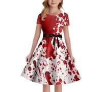 Medieval Party Dress for Girls Halloween Costume with Blood Stain Print Lace Up Short Sleeve A-line Perfect for Dance Festive Occasions Kids Dress 5-14 Years (White, 11-12 Years)