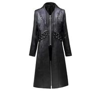 Medieval PU Leather Trench Coat for Men Long-Sleeved Vintage Cosplay Jacket for Halloween & Renaissance Fairs Gothic, Steampunk Style Mid-Length PU Outerwear in Black