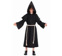 Medieval Renaissance Costume for Kids Black Cloak Hooded Robe Outfits Boys Monk Cosplay Costume with Belt and Necklace 3PC Set (Black, 10-12 Years)