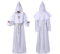 Medieval Renaissance Friar Cowl Robe Hooded Monk Robe Costume Halloween Cosplay Costume for Wizard Sorcerer White