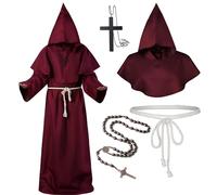 Medieval Renaissance Robes Hooded Monk Cloak with Hood Costume and Cord Burgundy Men's Priester Fancy Dress Outfits with Cross for Theme Party Halloween Cosplay Carnival For Adults (Red, 2XL)