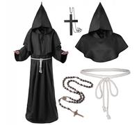 Medieval Renaissance Robes Hooded Monk Cloak with Hood Costume and Cord Burgundy Men's Priester Fancy Dress Outfits with Cross for Theme Party Halloween Cosplay Carnival For Adults (Black, M)
