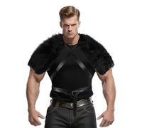 Medieval Retro Faux Fur Shawl Wrap Men Viking Warrior Furry Shoulder Wrap Shawl with Leather Strap Norse Barbarian Fancy Dress Cosplay Costume Collar Stole Scarf Short Cloak Cape for Halloween LARP