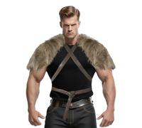 Medieval Retro Faux Fur Shawl Wrap Men Viking Warrior Furry Shoulder Wrap Shawl with Leather Strap Norse Barbarian Fancy Dress Cosplay Costume Collar Stole Scarf Short Cloak Cape for Halloween LARP
