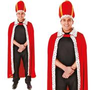 Medieval Royal King Robe & Hat Red Fancy Dress Adult Costume Mens Ladies