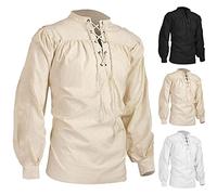 Medieval Shirt Men's Black Victorian Ruffle Shirt Men's Black Gothic Pirate Shirt with Lacing Renaissance Shirts Plain Viking Clothing Steampunk Linen Shirt Lace-up Shirt for Halloween