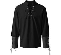 Medieval Shirt Men's Long Sleeve Viking Shirt Men's Linen Stand-Up Collar Pirate Shirt with Laces Vintage Victorian Shirt Classic Casual Renaissance Top for Halloween Carnival