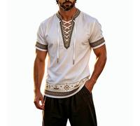 Medieval Shirt Men's Short Sleeve Viking Shirt Men's with Straps Vintage Pirate Shirt Elegant Simple Victorian Shirt Patterned Casual Renaissance Top for Halloween Carnival