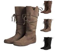 Medieval Shoes Men Women Cowboy Boots PU Leather Lace-Up Punk Boots, brown, 10 UK