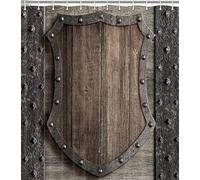 Medieval Shower Curtain for Bathroom, Rustic Wood Shield on Medieval Castle Gate Bath Curtain, Wooden Door Historical Vintage Exterior Medieval Structure Fabric Bathroom Set with Hooks 72 X 72 Inch