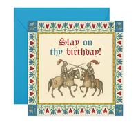 Medieval Style Greeting Card - “Slay On Thy Birthday!” - Vintage Knight Design for All Ages, Kids, Children, Son, Daughter, Colleague, Coworker, Her, Him - Encouragement - Comes with Stickers