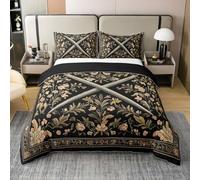 Medieval Style Swords 100% Cotton Duvet Cover Double Country Rustic Flowers Bedding Set Knight Theme Sword Comforter Cover for Adult Black Yellow Bedding 2 Pillowcases(No Comforter)