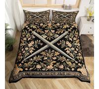 Medieval Style Swords Comforter Cover for Kids Boys Girls Country Rustic Flowers Duvet Cover Set Knight Theme Sword Bedding Set Black Yellow Quilt Covers Cot 1 Pillowcase(No Comforter)