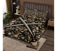 Medieval Style Swords Quilt Bedding Set SingleCountry Rustic Flowers Coverlet Bedspread for Kids Knight Theme Sword Lightweight Bedding Bed Cover Black Yellow Bedspread Set (1 Quilt+ 1 Pillowcase)
