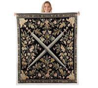Medieval Style Swords Sherpa Blanket Country Rustic Flowers Throw Blanket Bedroom Living Room Soft Cozy Knight Theme Sword Blankets Decor for Bed Couch Sofa Black Yellow Flannel Blankets 50"x60"