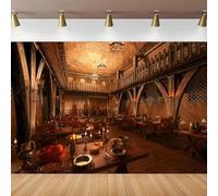 Medieval Tavern Bar Photography Backdrop For Fantasy Dining Hall with Tables Laid For Great Feast Ancient Tavern Background 200x140CM