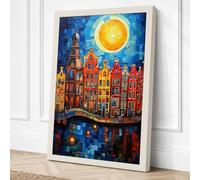Medieval Town Under Moonlight Canvas Wall Art Print 18x12 Inch