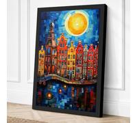 Medieval Town Under Moonlight Canvas Wall Art Print 36x24 Inch