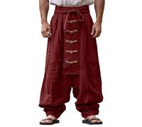 Medieval Trousers Men's Japanese Samurai Costume Cotton Linen Harem Trousers Gothic Vintage Pirate Trousers Wide Leg Drawstring Hip Hop Leisure Trousers Kendo Trousers Yoga Ninja Trousers, red, XL