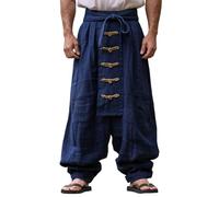 Medieval Trousers Men's Japanese Samurai Costume Cotton Linen Harem Trousers Gothic Vintage Pirate Trousers Wide Leg Drawstring Hip Hop Casual Trousers Kendo Trousers Yoga Ninja Trousers, navy, S