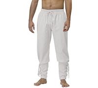 Medieval Trousers Mens Linen Pirate Pants Viking Renaissance Costume Drawstring Elastic Waist Sweatpants for Festival Acting Training White