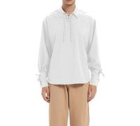 Medieval Tunic for Men - Long Sleeve Shirts Vintage Warrior Shirts Cosplay Costume Tops Performance Uniform Lace Up Ethnic Traditional Clothing Comfortable Dress Shirts Casual Formal Shirts White