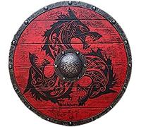 Medieval Vikings Era Adult Size 24" Shield Handmade Natural Wood & Iron Battle Play Halloween Warrior Cosplay Dark Red