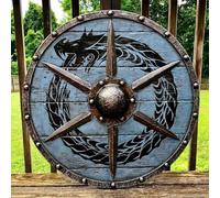 Medieval Vikings shield, 24" Wood & Steel Armor Battle Ready Warrior Round Decorative Handmade Blue, Dragon Printed Shield