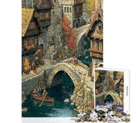 Medieval Village Scene with Stone Bridges Jigsaw Puzzles 1000 Pieces for Adults Peaceful Calm Stress Relief Mindful Peaceful Leisure Game (38X52cm)