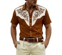 Medieval Western Cowboy Print Short Sleeve Shirt for Men Stylish Button Front Casual Leisurewear Top (Brown #2, XXXXXL)