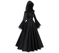 Medieval Witch Costume - Elegant Renaissance Skirt, Gothic Cosplay Robe, Adaptable Halloween Hooded Dress | Classic Black