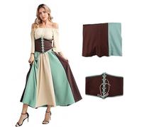 Medieval Women Dress with Pirate Corset Belt,Victorian Renaissance Dress,LARP Costume Dress for Halloween,Comic-Con,Theme Party (White+Green, L)