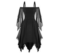 Medieval Women's Dress, Black Renaissance Dress, Gothic Dress, Retro Lace Maxi Dresses, Trumpet Sleeves, Smocked Waist, Party Dress, Shoulderless Colourblock, Carnival Costume, Medieval