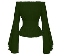 Medieval Women's Off Shoulder Shirt - Gothic Vintage Trumpet Sleeve Casual Steampunk Chic Court Tunic Renaissance Victorian Halloween Carnival Cosplay Elastic Fit Shirt, Green, S