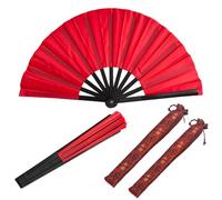 Medifier 2 Pack Big Folding Hand Fan - Vintage Retro Nylon-Cloth Chinese Kung Fu Tai Chi Hand Fans for Men/Women, Perfect for Festivals, Dance, Performances, Gifts, and Decorations Red